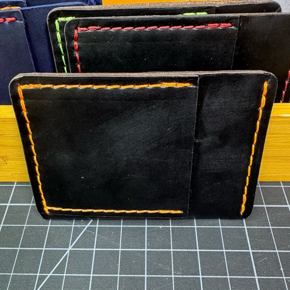 Hand Crafted Other - Ultra slim leather wallet minimalist card holder travel wallet -black/orange
